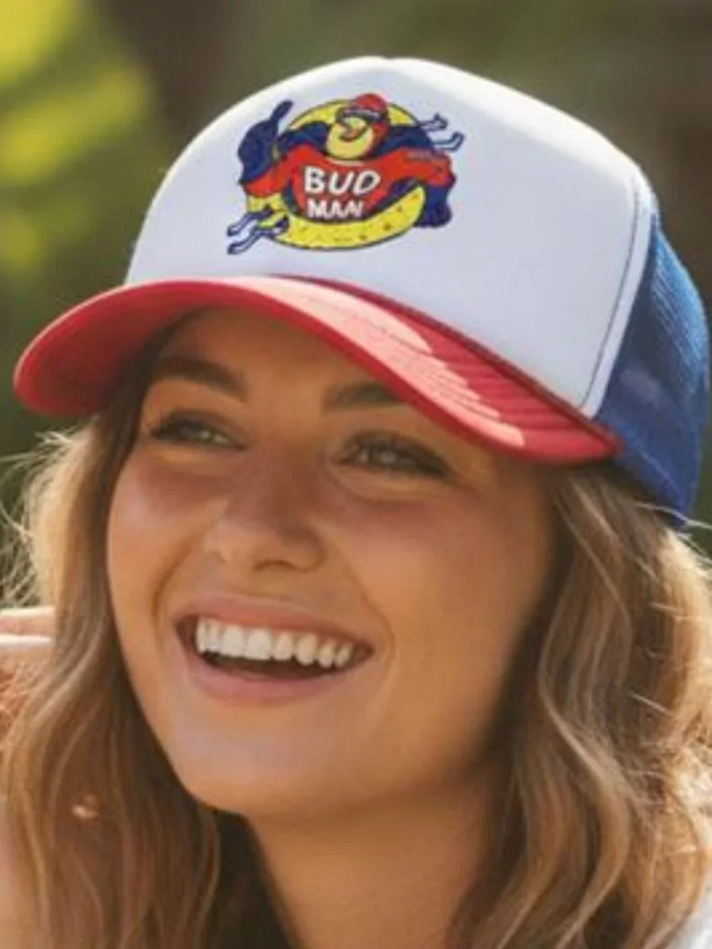 Retro Bud Man Foam Trucker Hat Red White Blue Superhero Beer Rope Snapback New